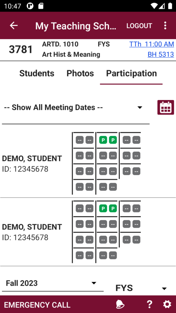 BC Navigator course roll book, student participation per-session