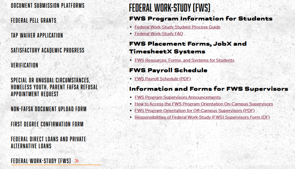 Screenshot of sidebar showing Federal Work-Study Header and FWS related links on the right.