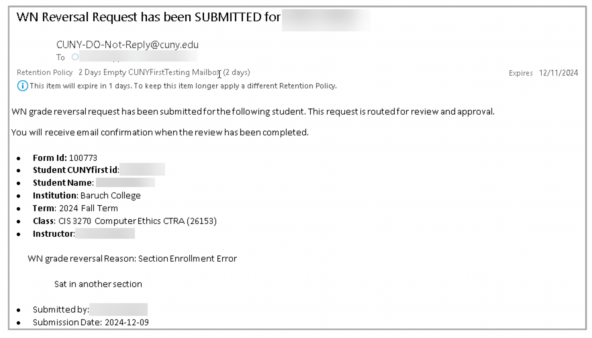 CUNYfirst Grade Change/WN Reversals Notifications BC Knowledge for Employees